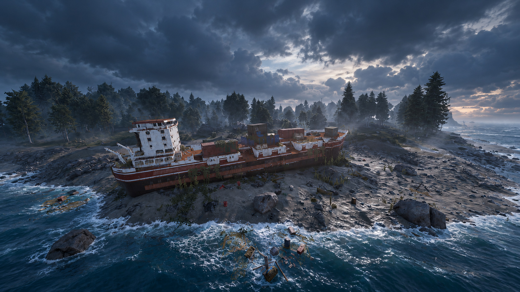 A rusted cargo ship stranded on a small island.