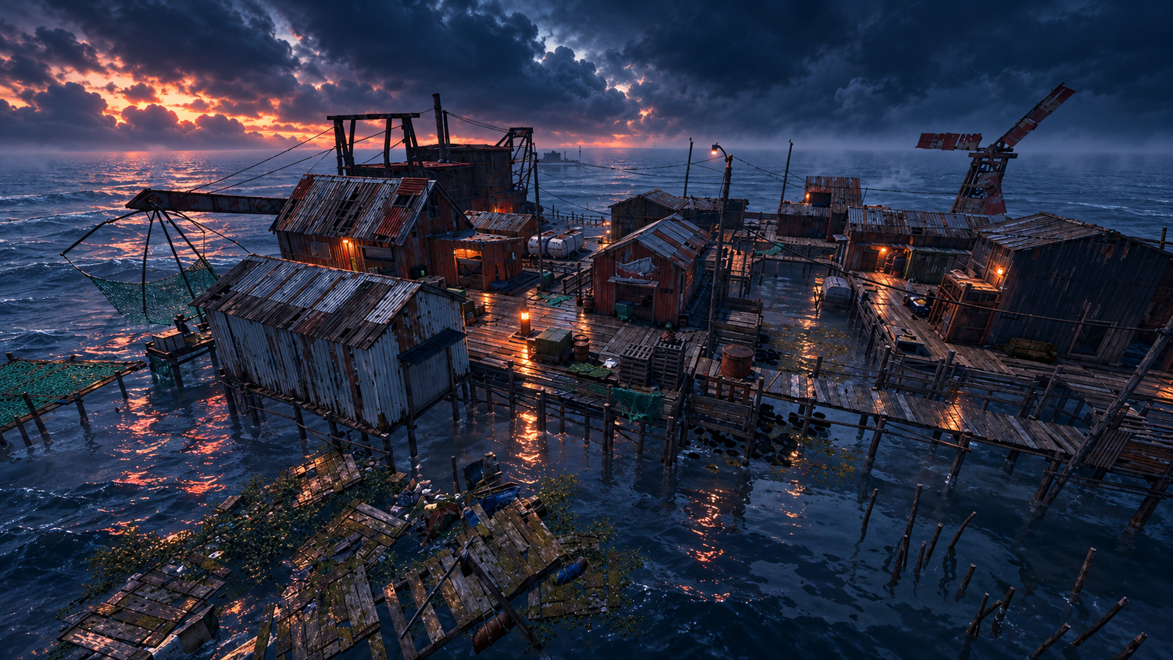 A stilt fishing village on the water at dusk, with lit shacks, nets, and a crane.