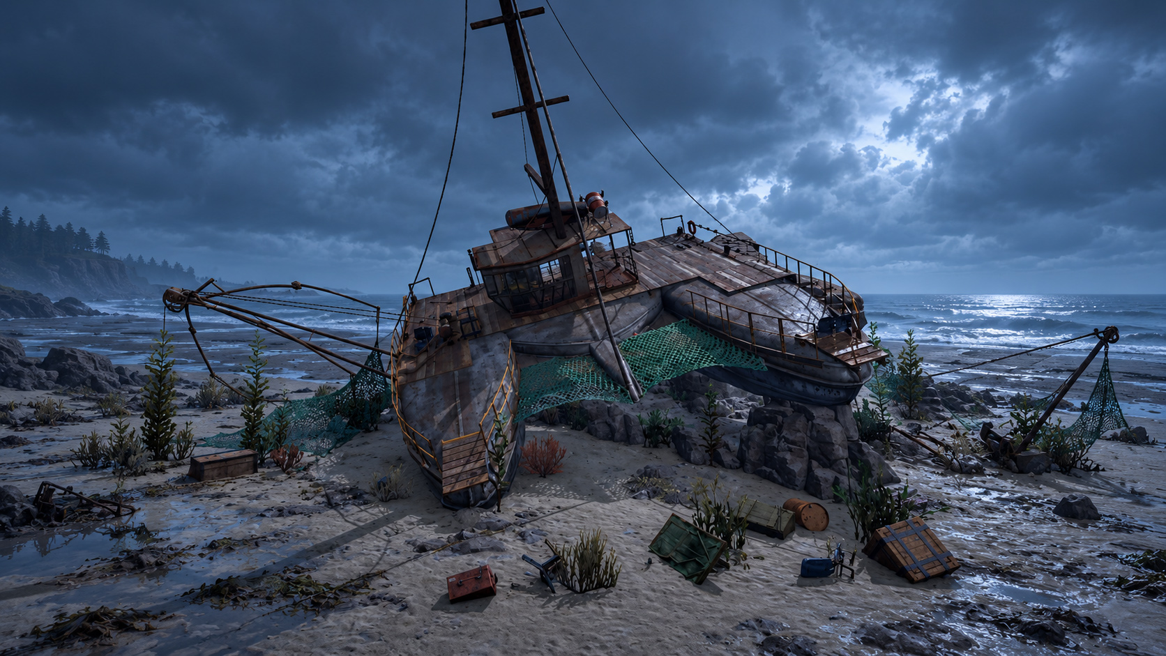 A wrecked boat on the sand, the kind of wreck that marks sunken treasure.