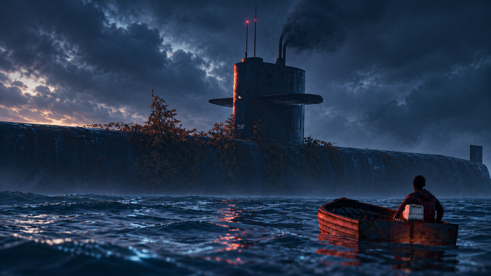 A surfaced submarine at dusk, with a small boat alongside.